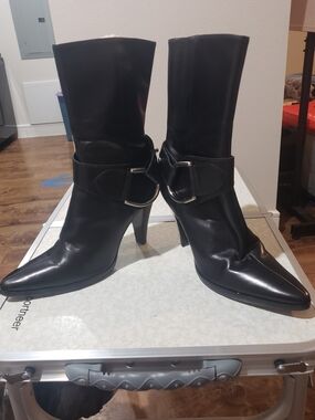 Antonio Melani Raven Leather Black Mid-Calf Leather Heeled Boots - Women's